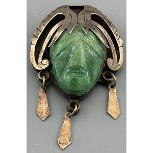 Vintage Mexican Sterling Silver Brooch Pendant  Aztec Mask Carved Aventurine